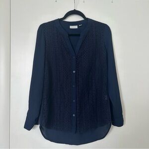 New York & Company Navy Blue Lace Button Down Blouse XS